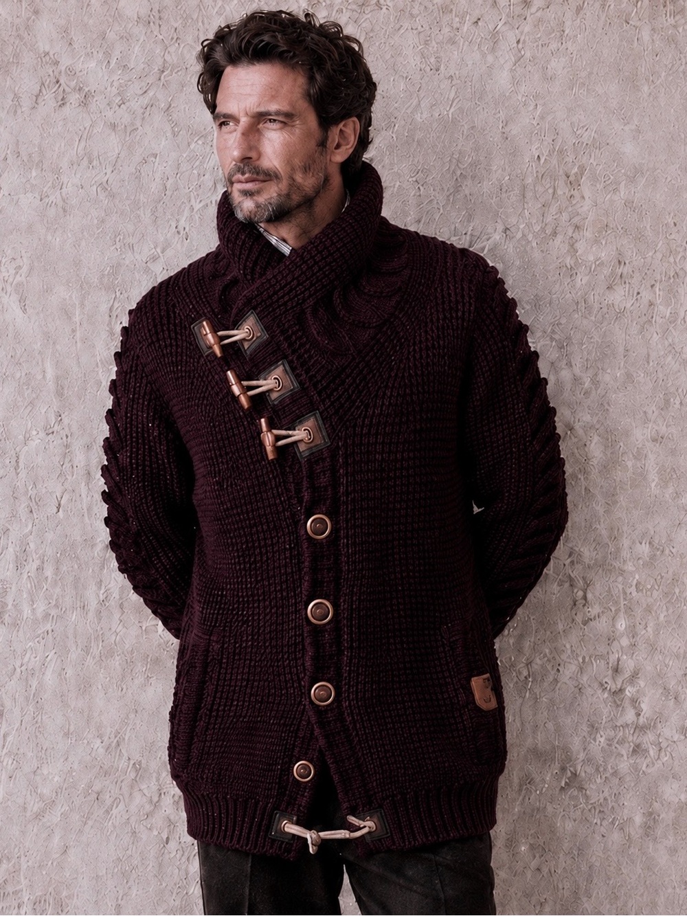 LCR Black Edition Burgundy Chunky Knit Toggle Shawl Collar Cardigan | Men’s XXL